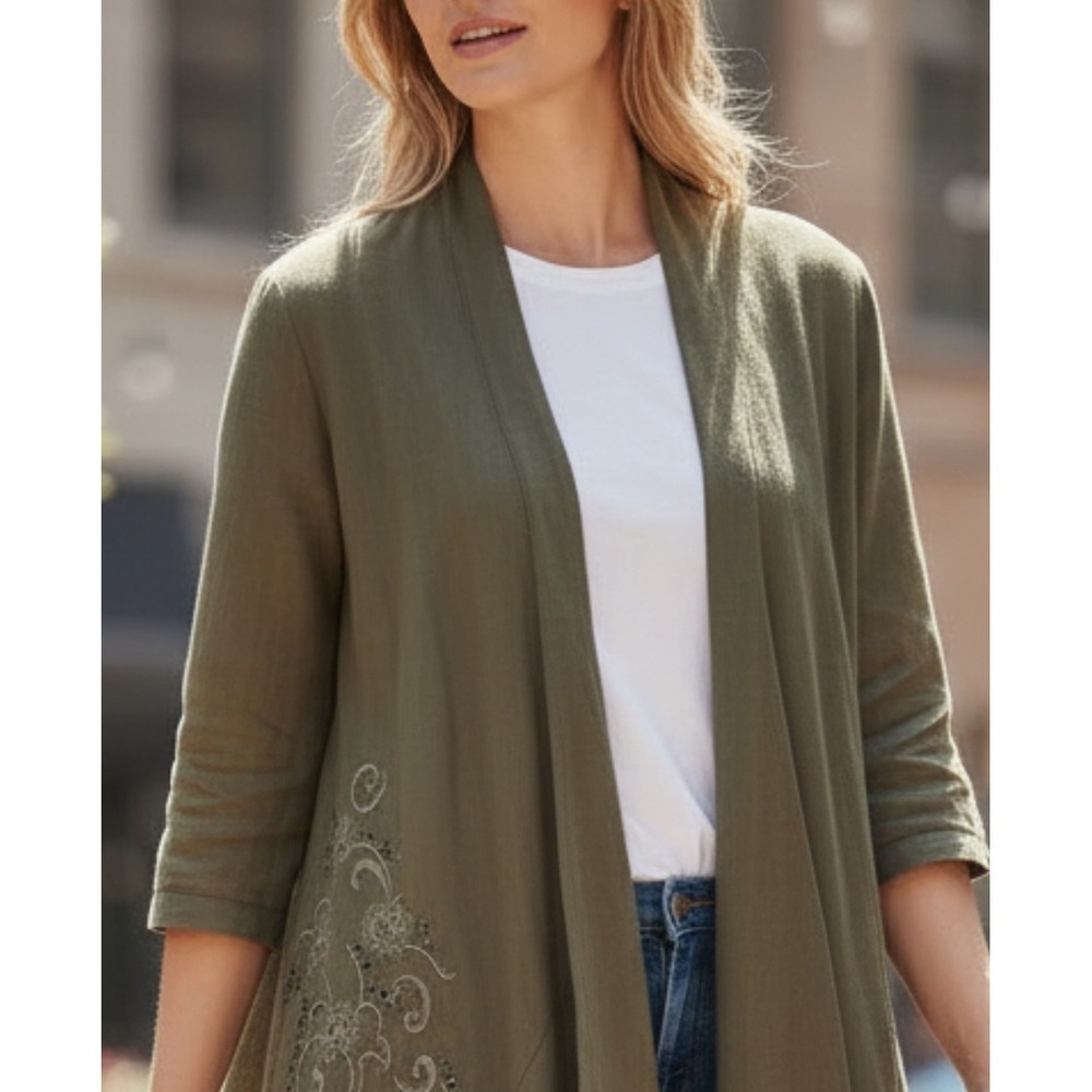 Peck & Peck S NWT 100% Linen Cardigan Lagenlook Bohemian Embroidered Drape Brown